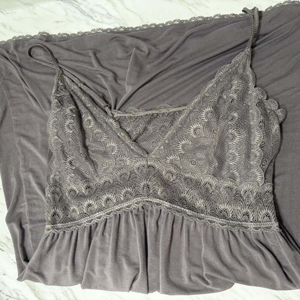 Gray Tahari lace slip dress with floral and geometric embroidery